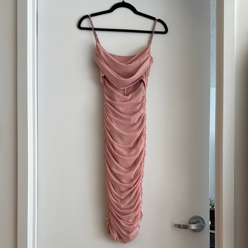 Oh Polly Pink Ruched Bodycon Midi Dress